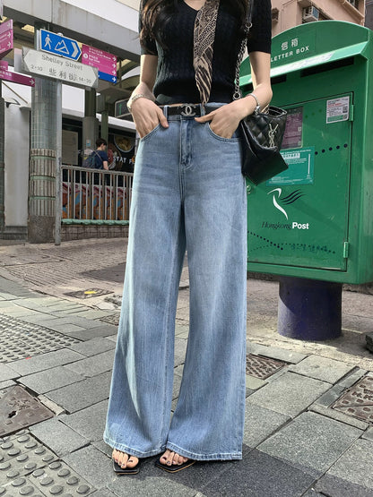 MULVAN soft cat whisker tree branch pattern straight jeans women's summer Korean loose meat-covering wide-leg casual pants