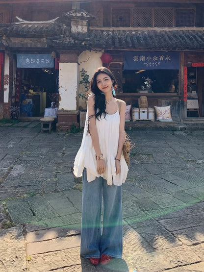 MULVAN soft cat whisker tree branch pattern straight jeans women's summer Korean loose meat-covering wide-leg casual pants