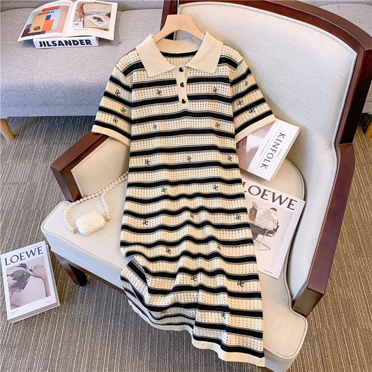 Foreign trade Italian women's clothing exported to France big-name surplus single-cut casual knitted embroidered lapel dress for women summer
