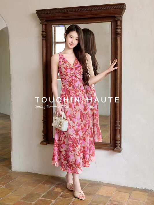 TOUCHIN HAUTE Love Flowing - Tie-dye Print, Knotted Waist, Slimming and Elegant Long Dress for Women