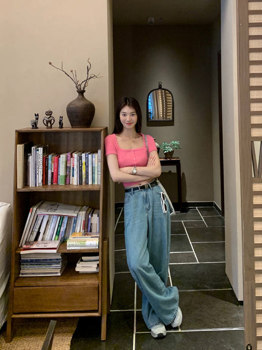 MULVAN blue casual denim wide-leg pants women's summer loose versatile straight-leg mopping pants trousers