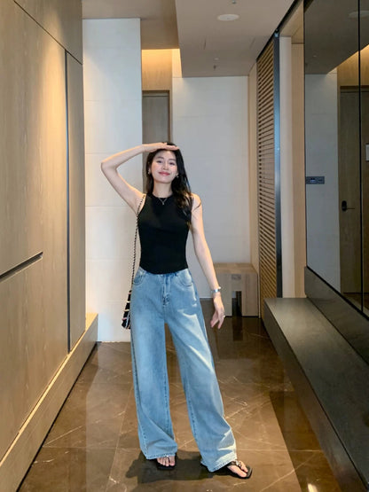 MULVAN blue casual denim wide-leg pants women's summer loose versatile straight-leg mopping pants trousers