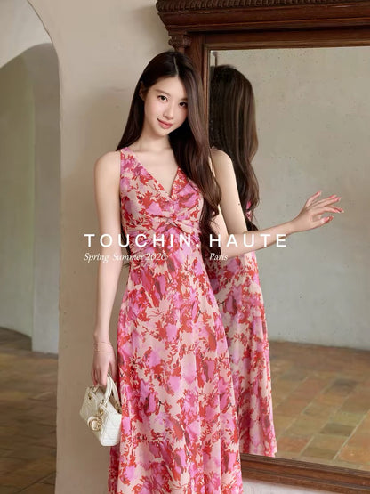 TOUCHIN HAUTE Love Flowing - Tie-dye Print, Knotted Waist, Slimming and Elegant Long Dress for Women