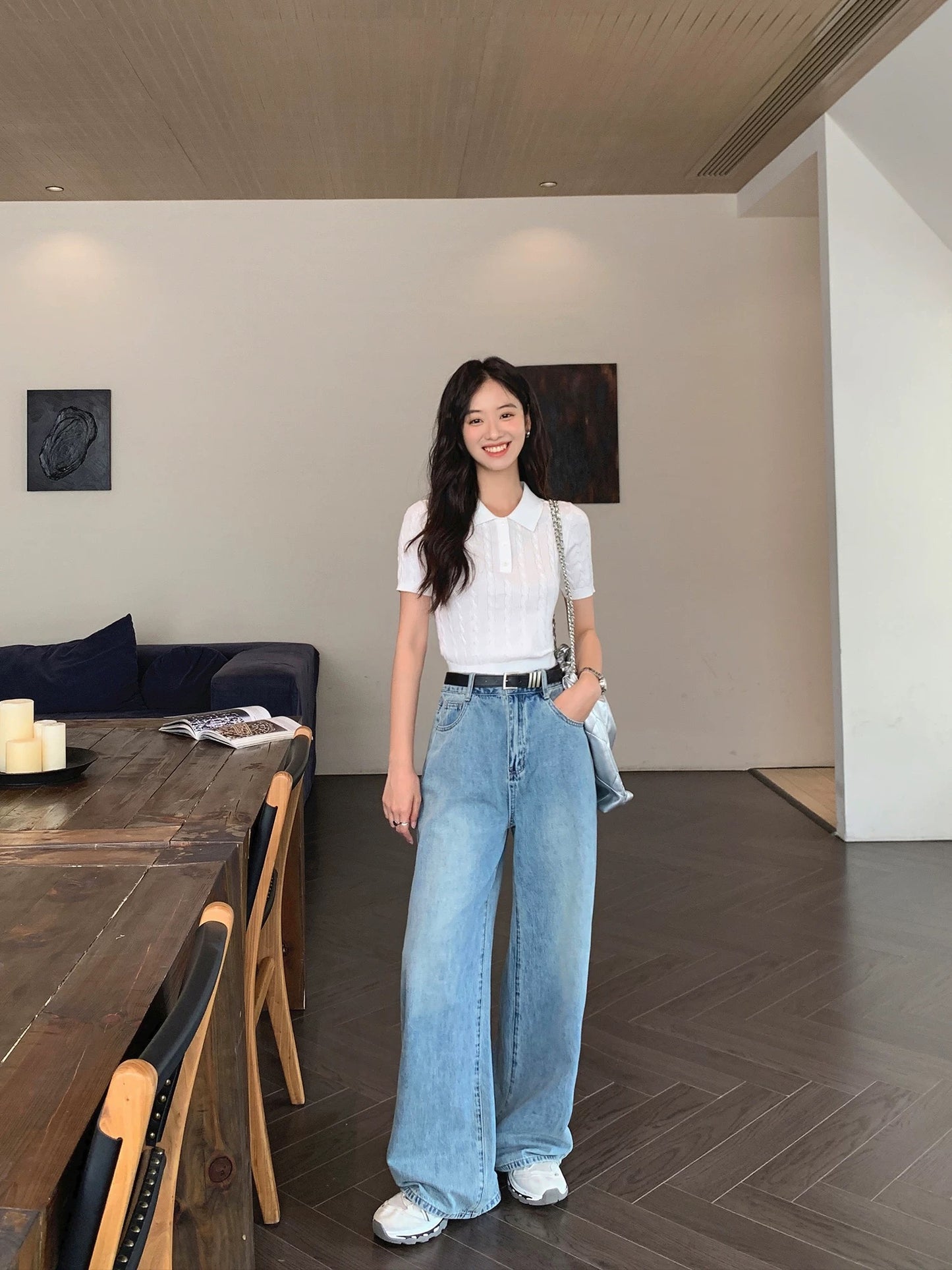 MULVAN blue casual denim wide-leg pants women's summer loose versatile straight-leg mopping pants trousers