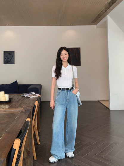 MULVAN blue casual denim wide-leg pants women's summer loose versatile straight-leg mopping pants trousers