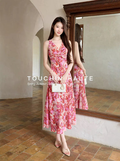 TOUCHIN HAUTE Love Flowing - Tie-dye Print, Knotted Waist, Slimming and Elegant Long Dress for Women