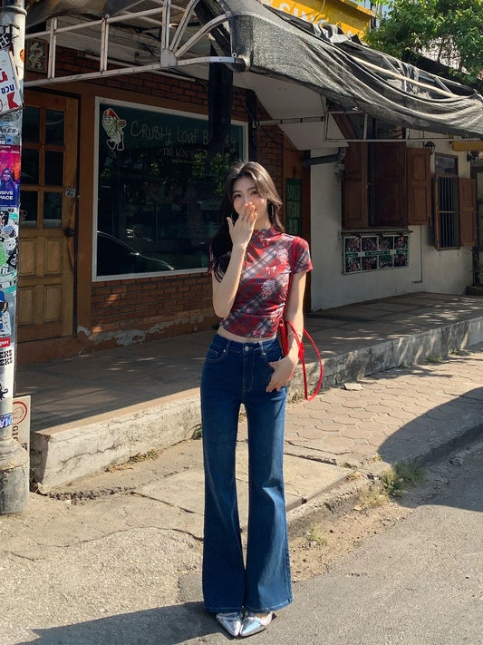 MULVAN Super straight legs ~ blue jeans for women retro Korean elastic slim fit straight pants flared pants