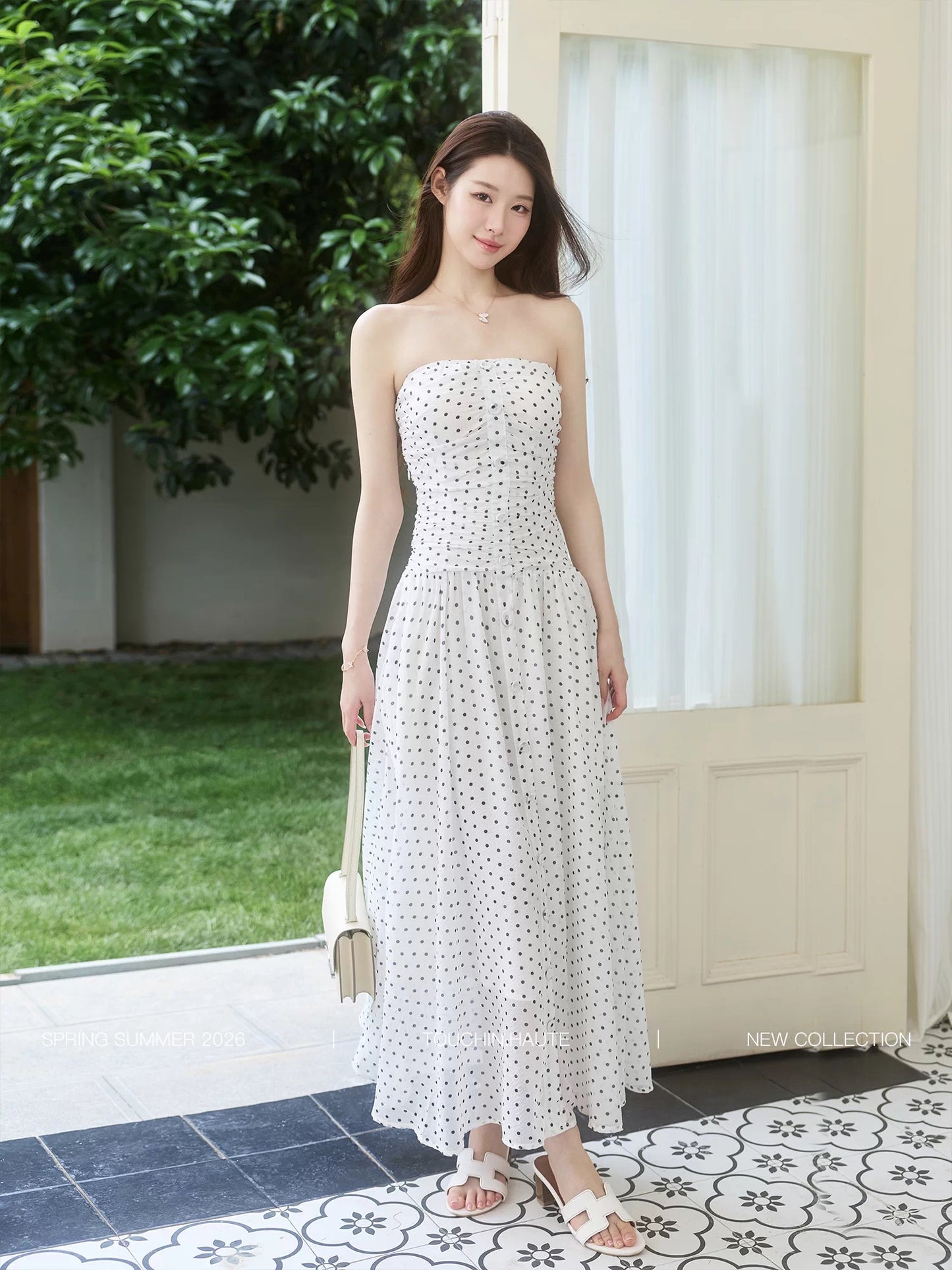 TOUCHIN HAUTE White Mist Moment: Retro Polka Dot Waist-Defining Slimming Elegant Vacation Strapless Dress
