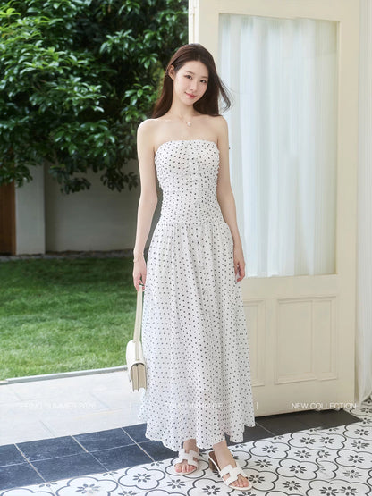 TOUCHIN HAUTE White Mist Moment: Retro Polka Dot Waist-Defining Slimming Elegant Vacation Strapless Dress