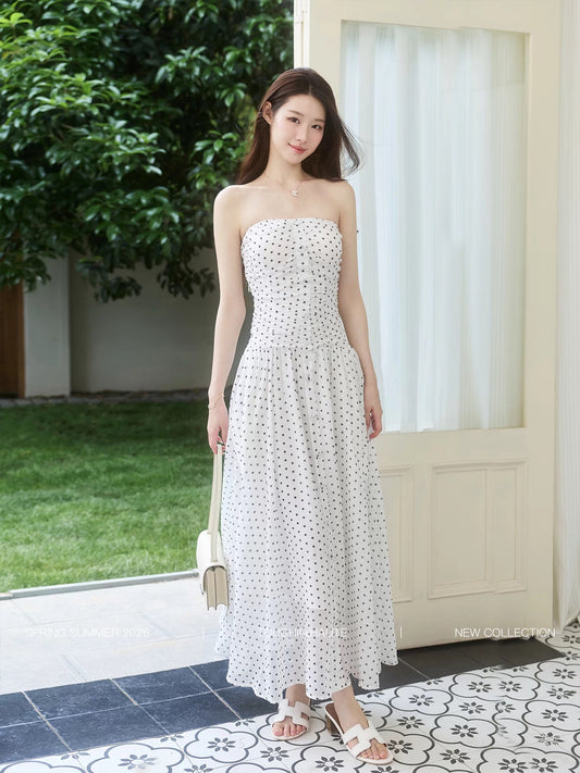 TOUCHIN HAUTE White Mist Moment: Retro Polka Dot Waist-Defining Slimming Elegant Vacation Strapless Dress