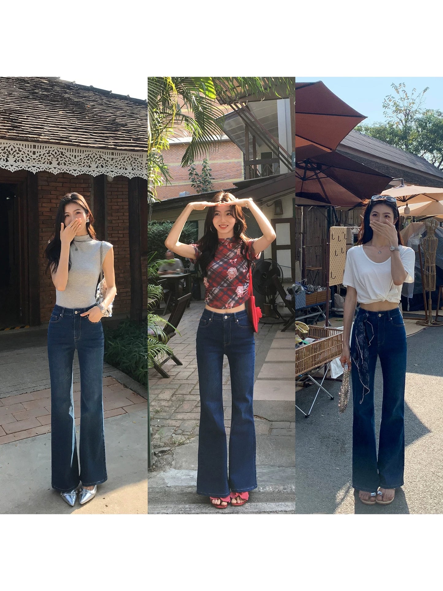 MULVAN Super straight legs ~ blue jeans for women retro Korean elastic slim fit straight pants flared pants