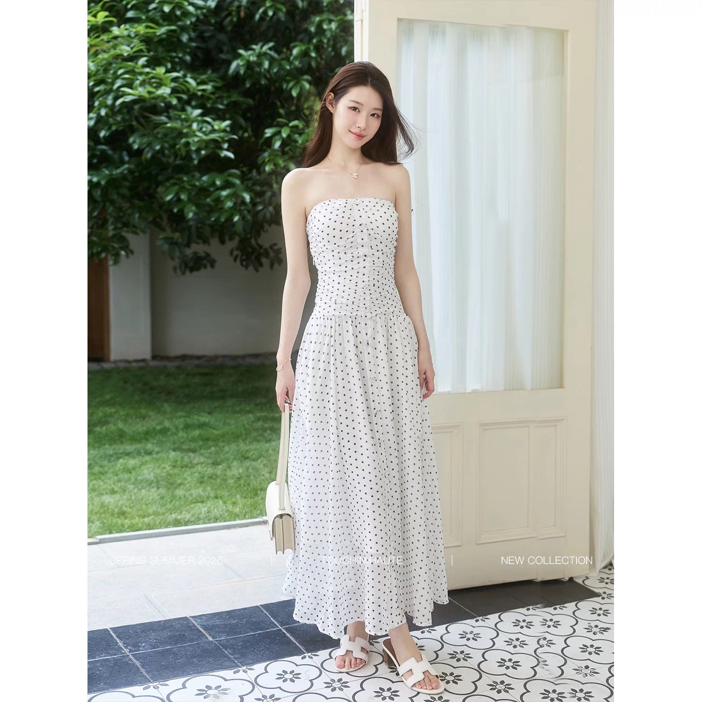 TOUCHIN HAUTE White Mist Moment: Retro Polka Dot Waist-Defining Slimming Elegant Vacation Strapless Dress