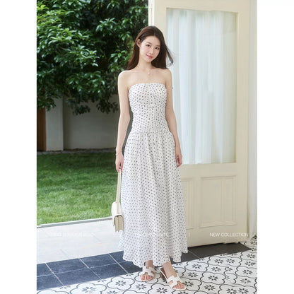 TOUCHIN HAUTE White Mist Moment: Retro Polka Dot Waist-Defining Slimming Elegant Vacation Strapless Dress