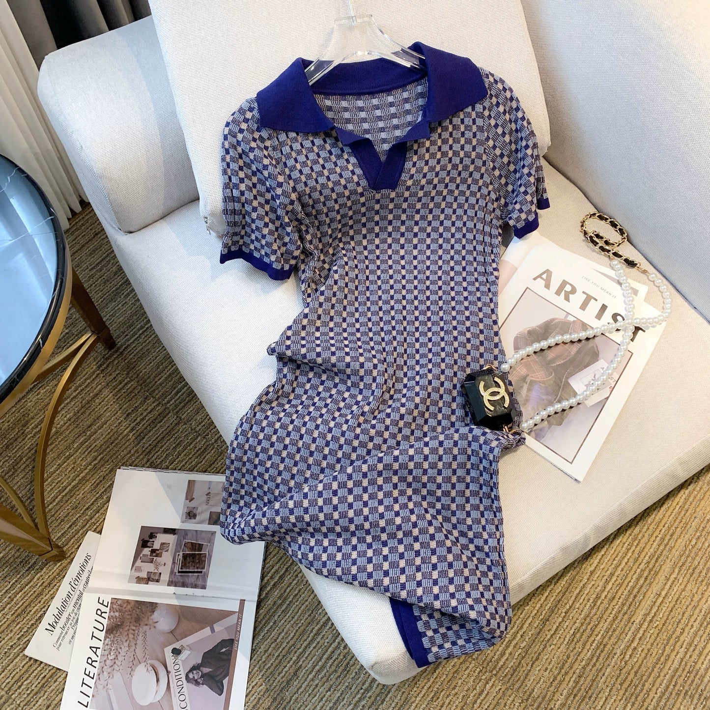 Missing items from big-name buyers’ foreign trade counters ~ Romantic retro outfit with POLO collar plaid knitted dress