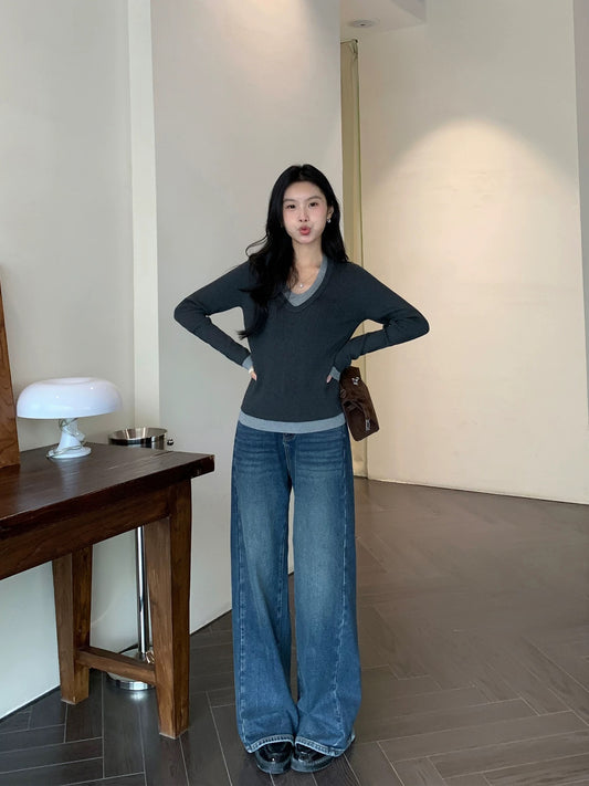 MULVAN dark blue plus velvet wide-leg jeans for women winter loose slim retro casual straight mopping pants