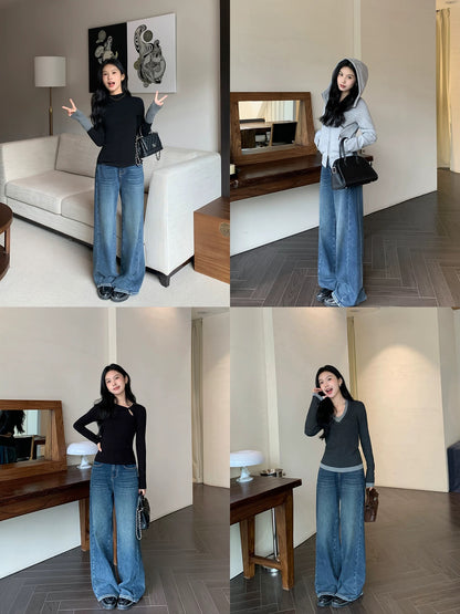 MULVAN dark blue plus velvet wide-leg jeans for women winter loose slim retro casual straight mopping pants