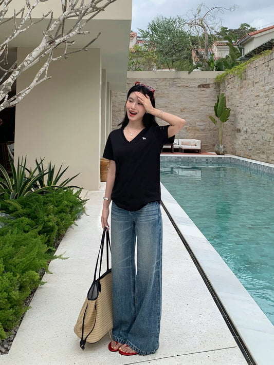 MULVAN oblique stretch low waist flared jeans for women summer blue loose straight slim trousers casual wide leg pants