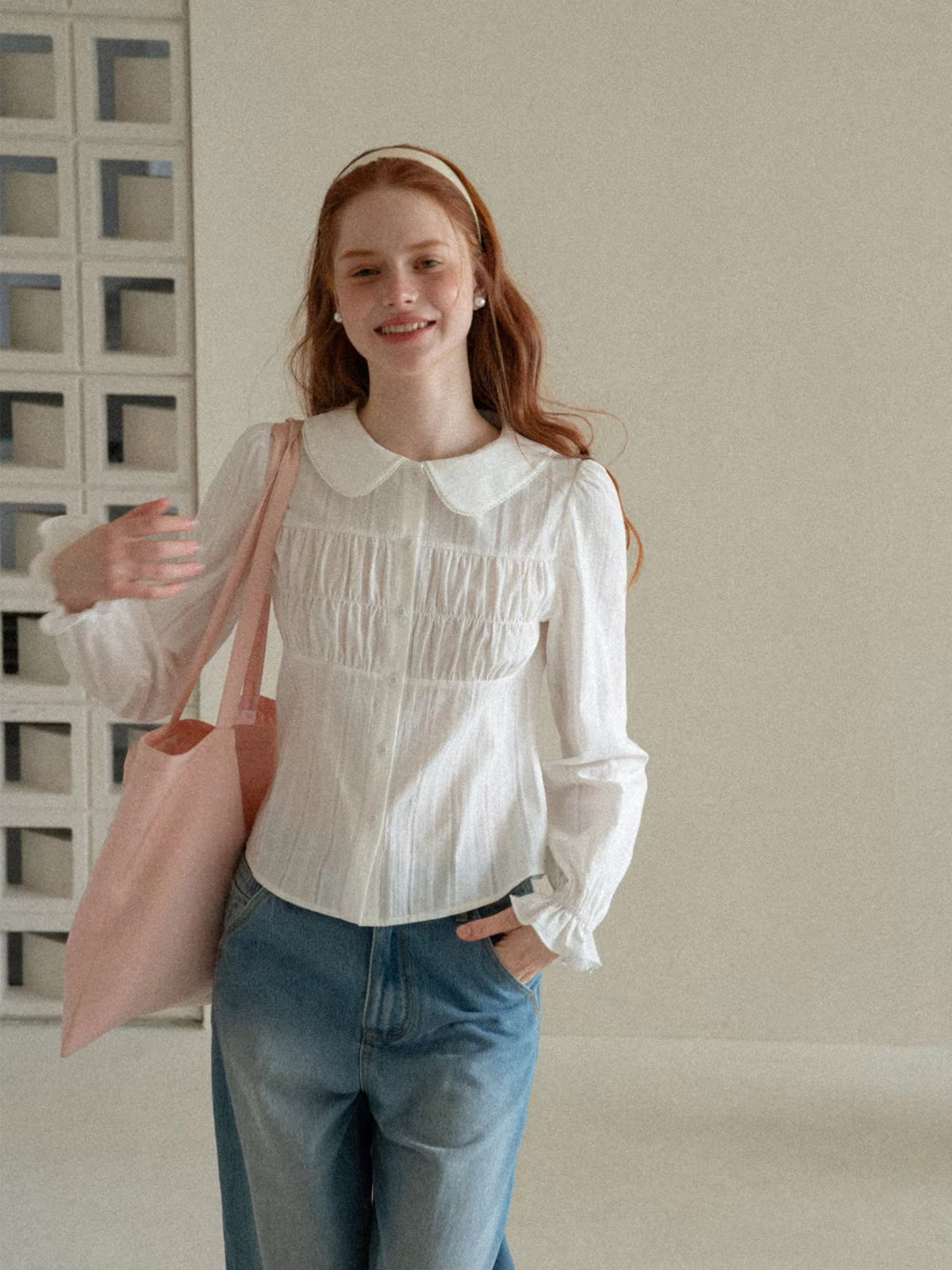 EGGKA Women's White Long-Sleeve Shirt with Peter Pan Collar and Textured Pleats – A Chic, Unique, and Girlish Style Top for Autumn Workwear
