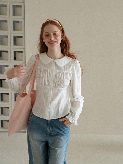 EGGKA Women's White Long-Sleeve Shirt with Peter Pan Collar and Textured Pleats – A Chic, Unique, and Girlish Style Top for Autumn Workwear
