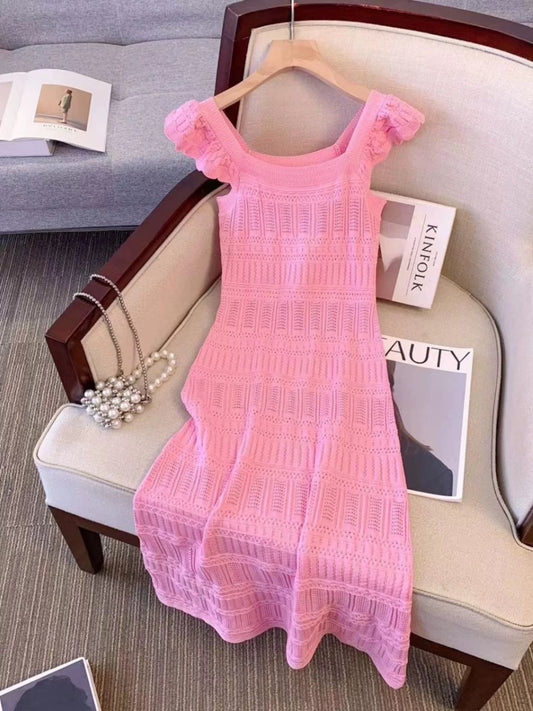 2024 Lady Style Versatile A-Line Dress Summer New Gentle Wind Small Fly Sleeve Pink Knitted Skirt