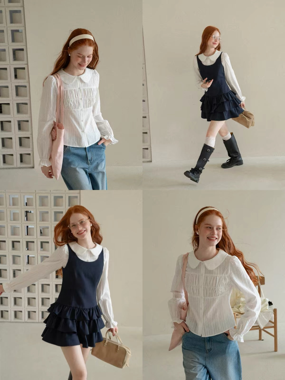 EGGKA Women's White Long-Sleeve Shirt with Peter Pan Collar and Textured Pleats – A Chic, Unique, and Girlish Style Top for Autumn Workwear