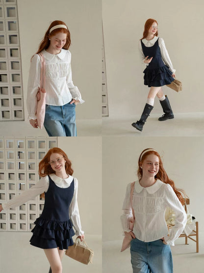 EGGKA Women's White Long-Sleeve Shirt with Peter Pan Collar and Textured Pleats – A Chic, Unique, and Girlish Style Top for Autumn Workwear