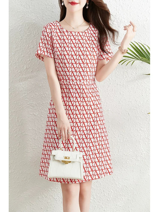 French high-end plaid printed short-sleeved dress for women summer 2024 new style waist slimming a-line skirt