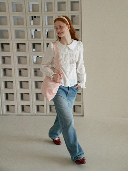 EGGKA Women's White Long-Sleeve Shirt with Peter Pan Collar and Textured Pleats – A Chic, Unique, and Girlish Style Top for Autumn Workwear
