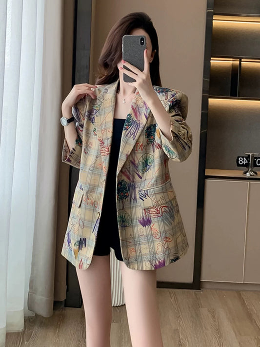 2025 Spring/Autumn New Style Niche Graffiti Plaid Print Women's Suit Jacket with Padded Shoulders, Loose Fit, Casual Style