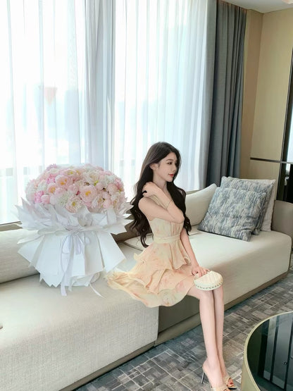 JustQin【Romantic Full House】2026 New Summer Sexy Waist-Slimming Short Dress V-Neck Chiffon Dress for Women
