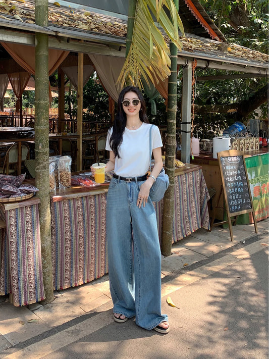 MULVAN blue retro wide-leg jeans for women new loose straight-leg mopping pants slim trousers