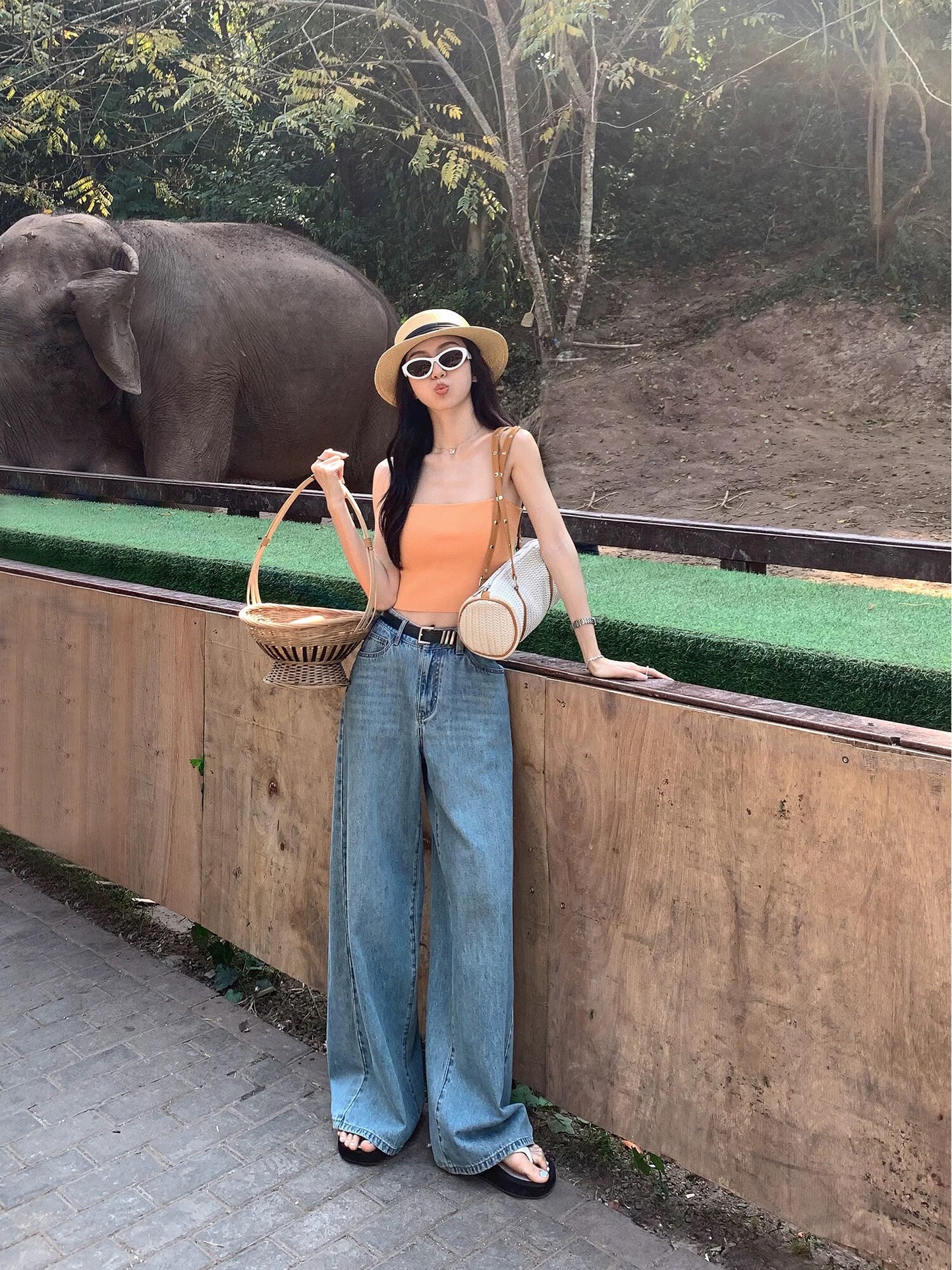 MULVAN blue retro wide-leg jeans for women new loose straight-leg mopping pants slim trousers