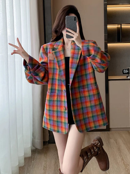 Korean-style plaid suit jacket, new spring/autumn 2025 style, sophisticated and retro-inspired for commuting.