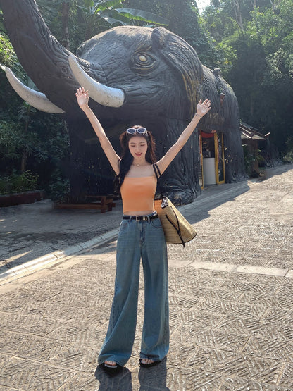 MULVAN blue retro wide-leg jeans for women new loose straight-leg mopping pants slim trousers