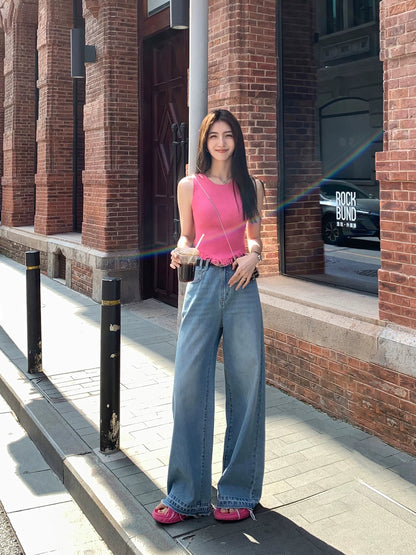 MULVAN blue loose wide-leg jeans for women new style drape design raw edge mopping pants trousers