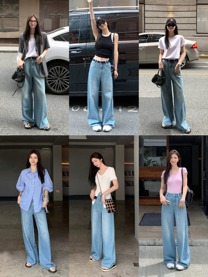 MULVAN blue loose wide-leg jeans for women new style drape design raw edge mopping pants trousers