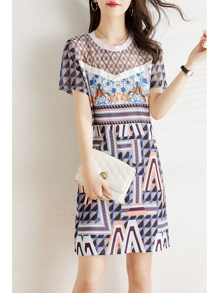 Mesh splicing printed chiffon dress for women summer 2024 new style small body covering the flesh and slimming fashion straight skirt