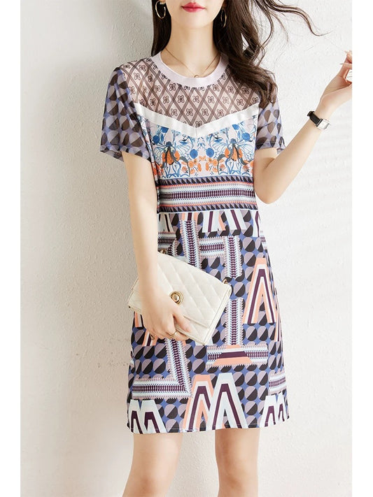 Mesh splicing printed chiffon dress for women summer 2024 new style small body covering the flesh and slimming fashion straight skirt