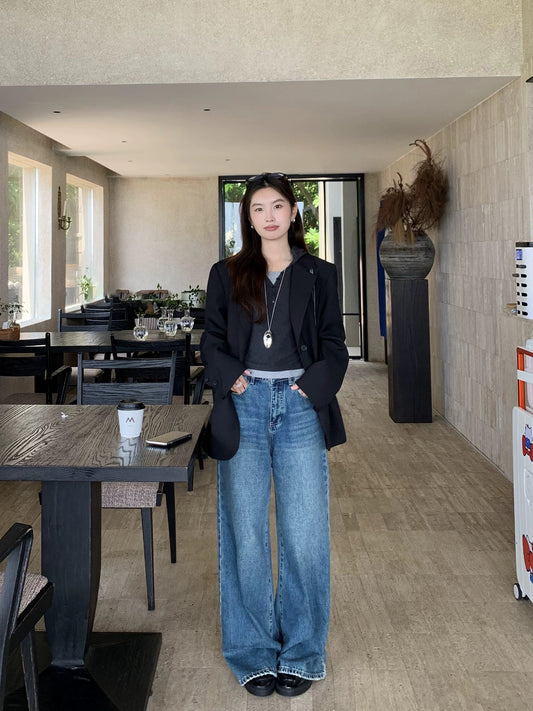 MULVAN retro blue straight jeans women's autumn high waist drape loose slim wide leg pants long pants