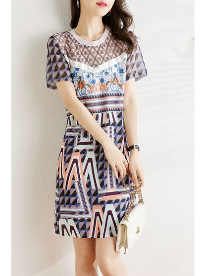 Mesh splicing printed chiffon dress for women summer 2024 new style small body covering the flesh and slimming fashion straight skirt
