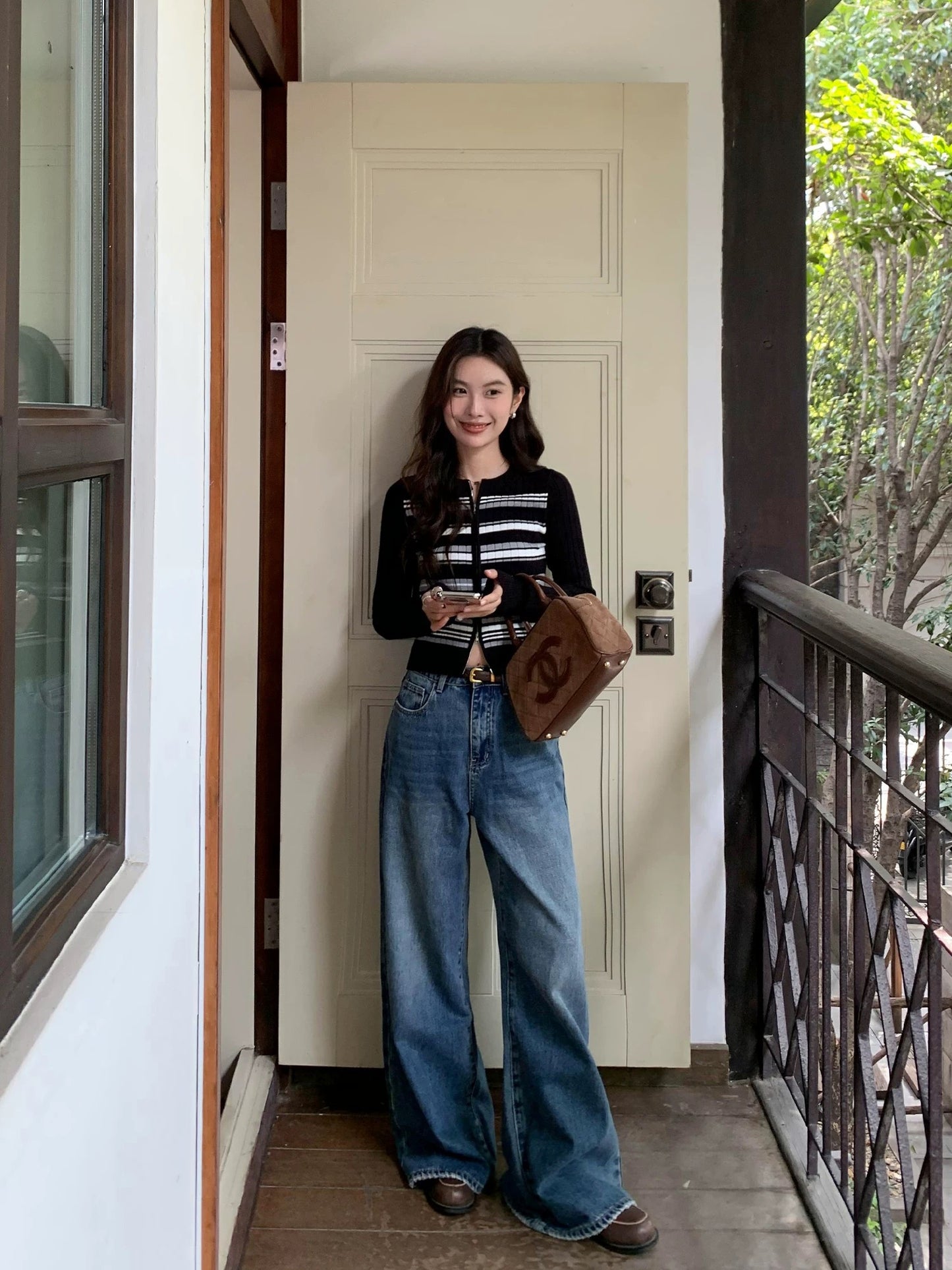 MULVAN retro blue straight jeans women's autumn high waist drape loose slim wide leg pants long pants