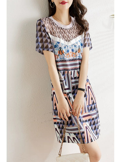 Mesh splicing printed chiffon dress for women summer 2024 new style small body covering the flesh and slimming fashion straight skirt
