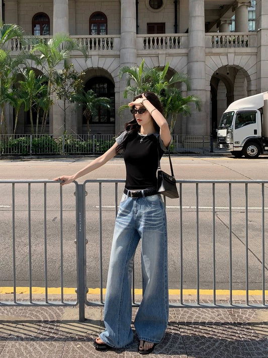 MULVAN Juzan denim version crease washed straight jeans women's summer loose loose wide-leg pants