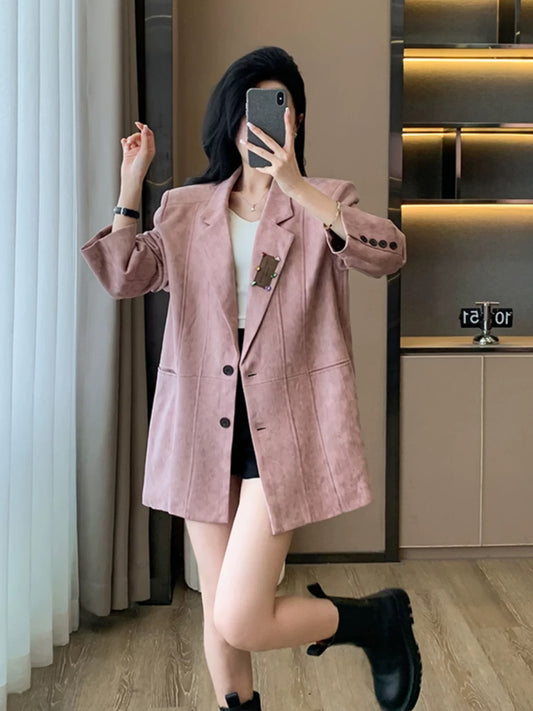 Korean style elegant pink suit jacket for women, spring 2025 new style, loose and casual, high-end top.