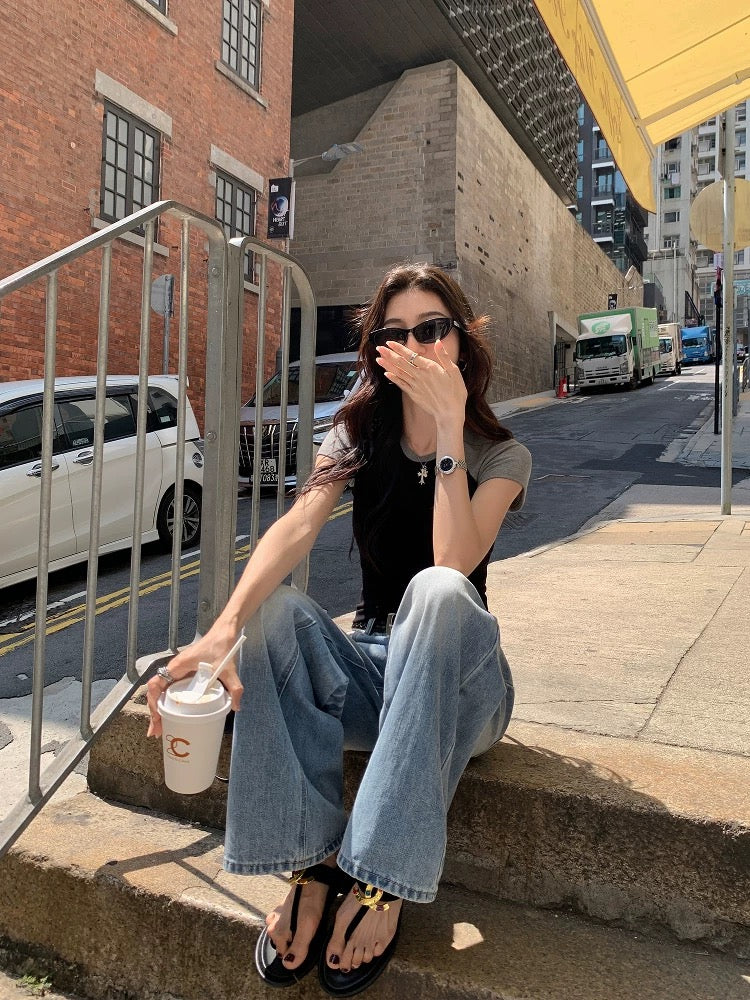 MULVAN Juzan denim version crease washed straight jeans women's summer loose loose wide-leg pants