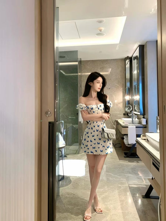 JustQin【Blue Butterfly Clouds】New Summer Sexy Mini Skirt with Square Neck Dress for Women