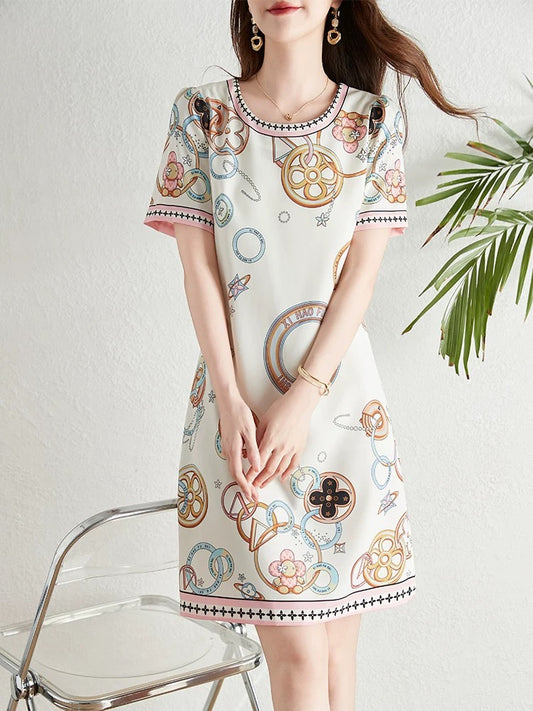 Designed and unique printed dress for women summer 2024 new small waist slimming temperament a-line skirt