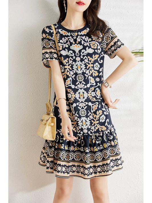 Design sense positioning printed chiffon dress women summer 2024 new slightly fat mm loose belly-covering slim a-line skirt