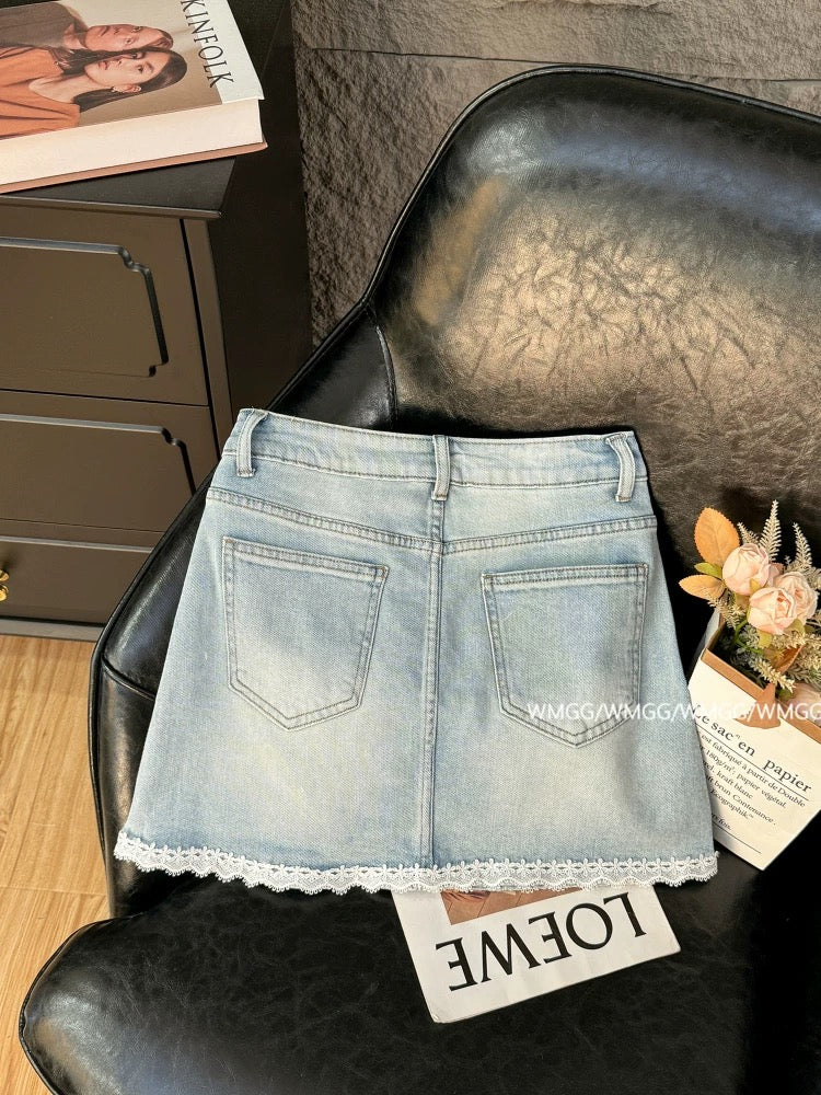Light blue denim skirt female 2025 new summer ootd wear luxury diamond lace edge a-line skirt