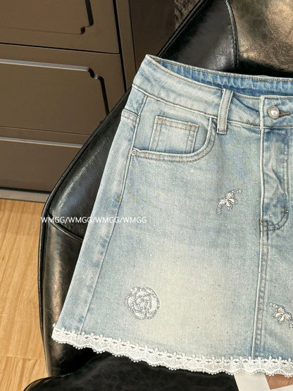 Light blue denim skirt female 2025 new summer ootd wear luxury diamond lace edge a-line skirt